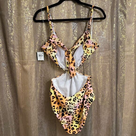 Bar III Colorful Cheetah Print Pink Yellow Monokini Swimsuit Large NWT - Picture 2 of 8